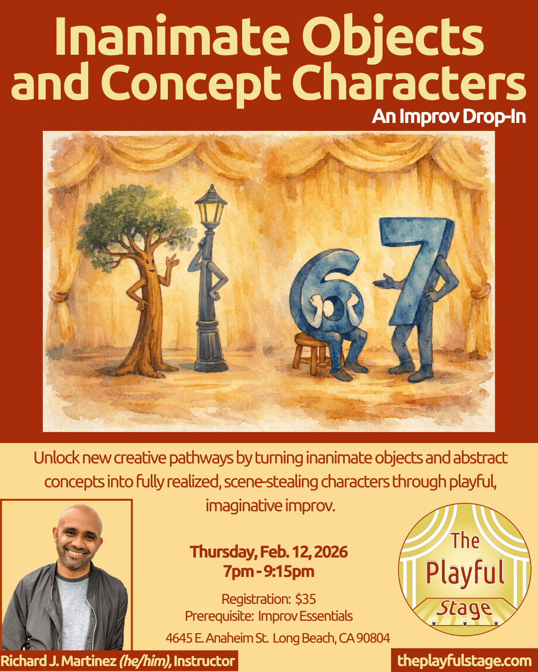 Poster promoting an improv drop-in event on turning inanimate objects and abstract concepts into characters. Features a watercolor illustration of a scene with anthropomorphized objects such as a tree, a streetlamp, and characters representing the nu