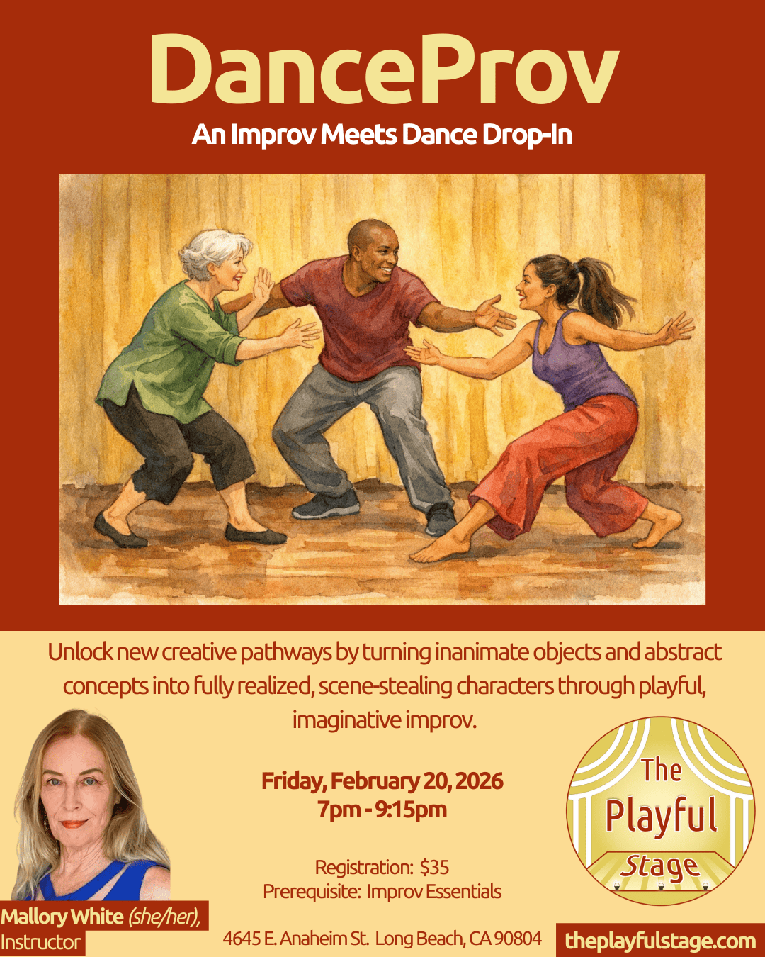 Poster for a dance improv event called 'DanceProv' showing three people performing a playful dance on stage with a yellow curtain backdrop.