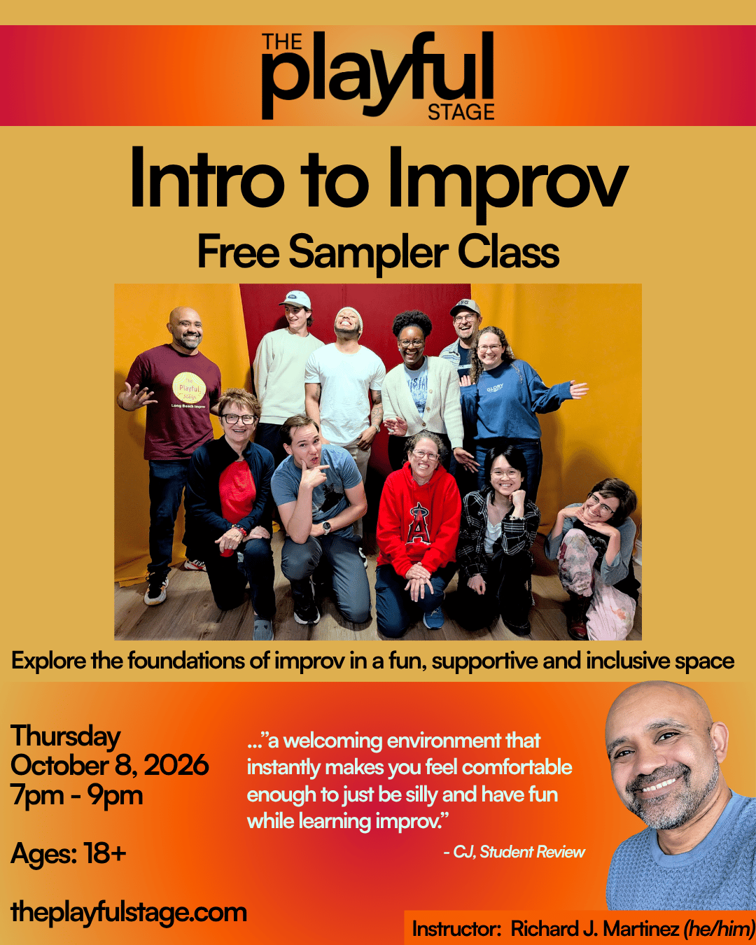 Flyer for 'Intro to Improv' free sampler class by The Playful Stage, featuring a group photo of diverse participants and instructor Richard J. Martinez, with event details and a quote about improv.