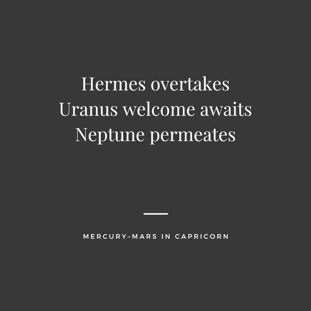 Mercury and Mars have been traveling side by side, first in Sagittarius from December 22 to January 3, and now in Capricorn since January 13. The first pairing was when Mercury was weakened (by sign and phase) and now while Mars is exalted. Yesterday