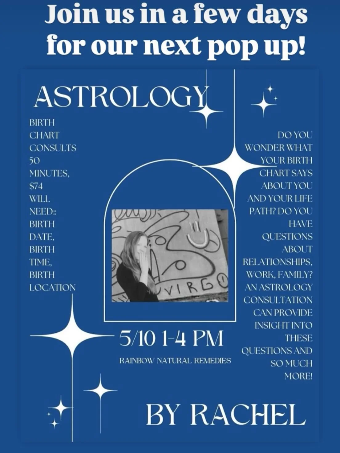 I&rsquo;m looking forward to offering another astrology pop-up this spring! Swing by @rainbowremedies on Seattle&rsquo;s Capitol Hill, on Saturday, May 10, for some shopping dedicated to your health and wellness and receive 1:1 astrological insight r