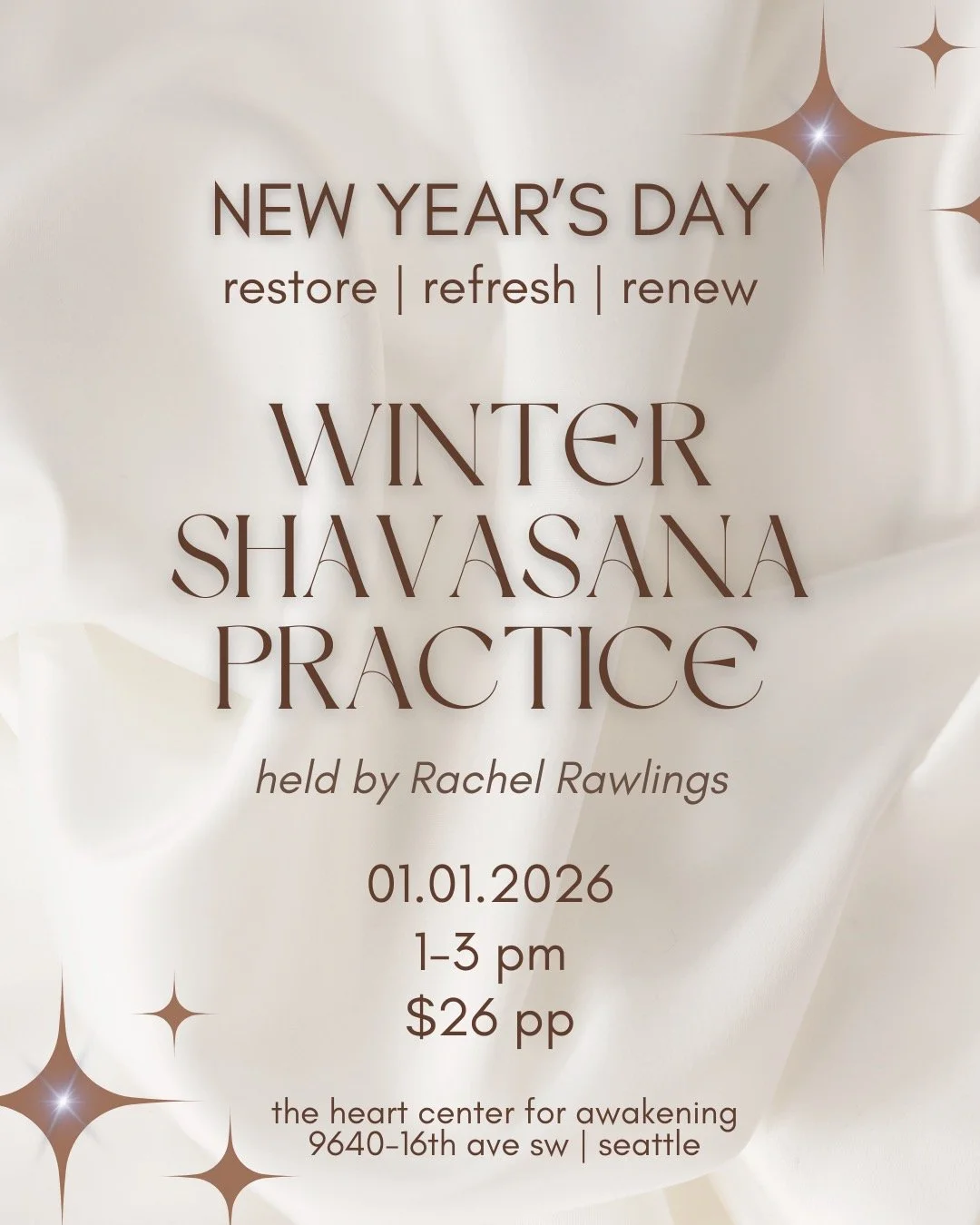 Let's ease into 2026 together. Join me on NYD @heartcenterforawakening for a peaceful practice, exploring Shavasana. 
.
This posture is practiced for deep rest, to resolve internal conflicts, to find inner balance and harmony, to calm the overstimula