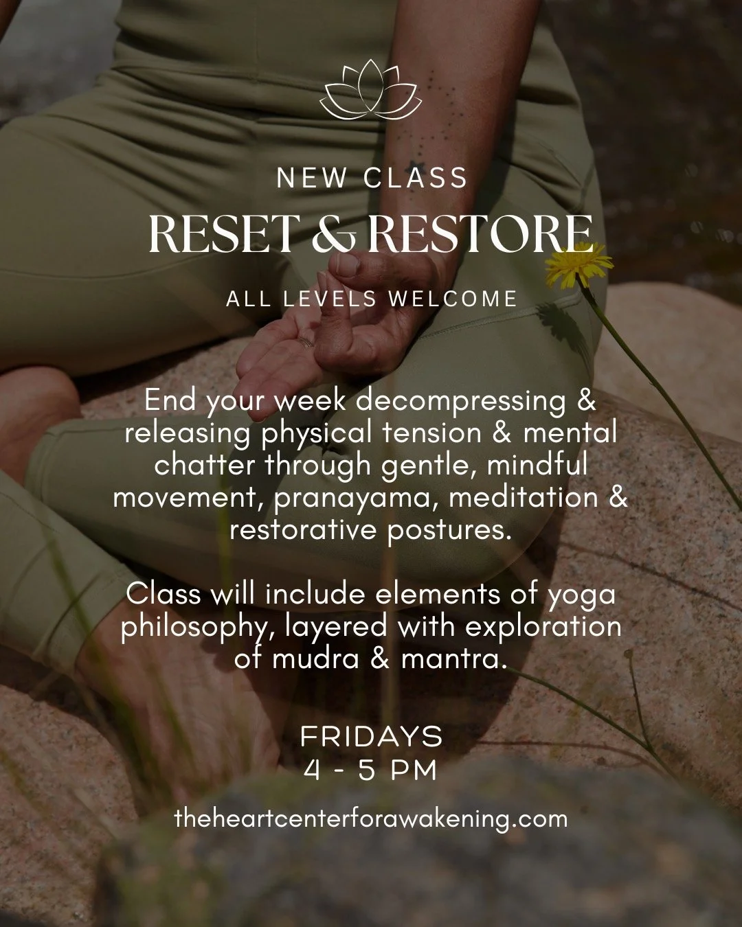 Let it alllll go. End your week decompressing and releasing the physical tension and mental chatter that accumulates throughout a busy week. 

Join me for this new 60-minute class offering, starting this Friday, April 10, at 4 pm.

Reset &amp; Restor