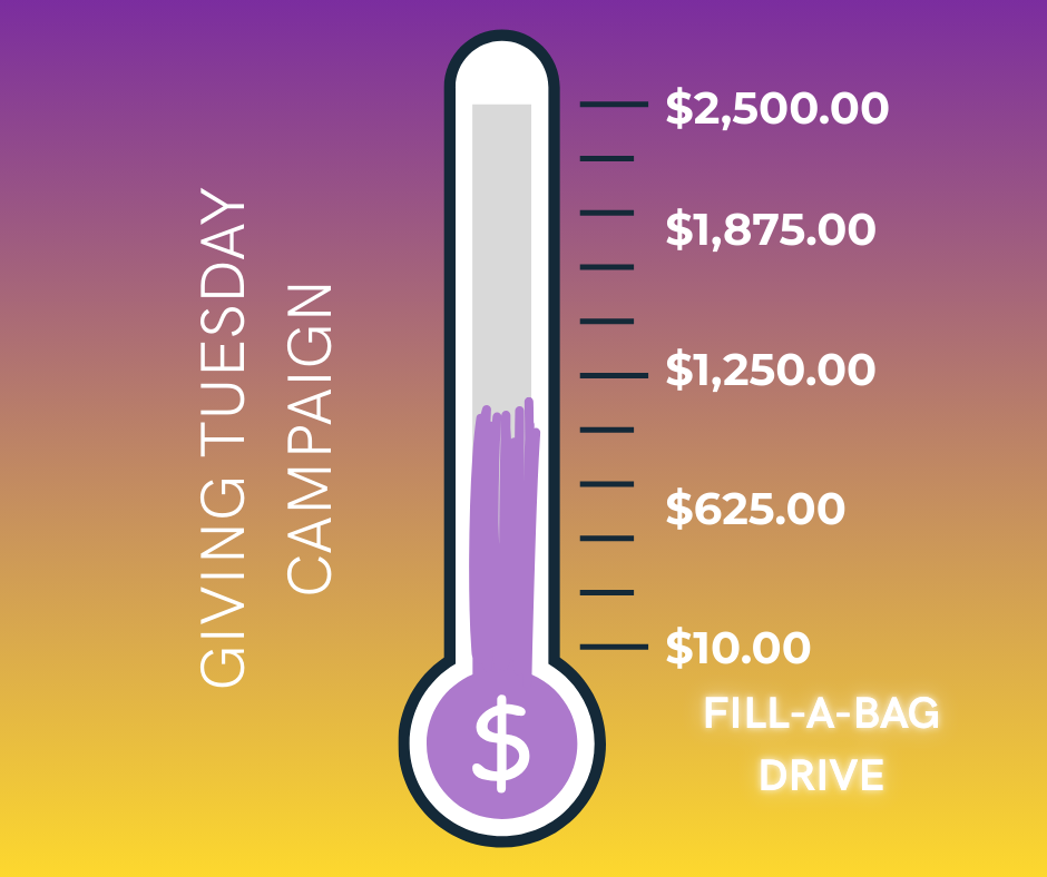 Thermometer graphic showing donation amounts for a gift-a-bag drive at a camp, with a gradient background from purple to gold, indicating the dollar amounts from $10 to $2,500.