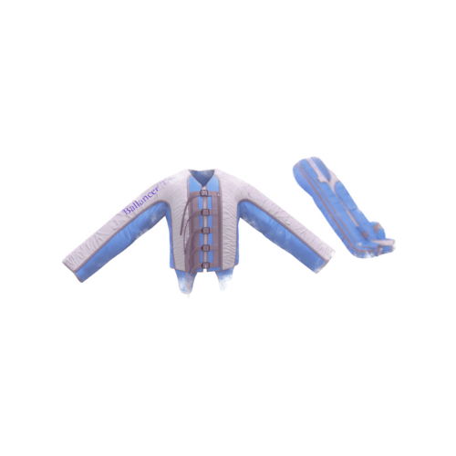 Inflatable pool float in the shape of a human body in a hospital gown, with attached inflatable arm and leg floaties.