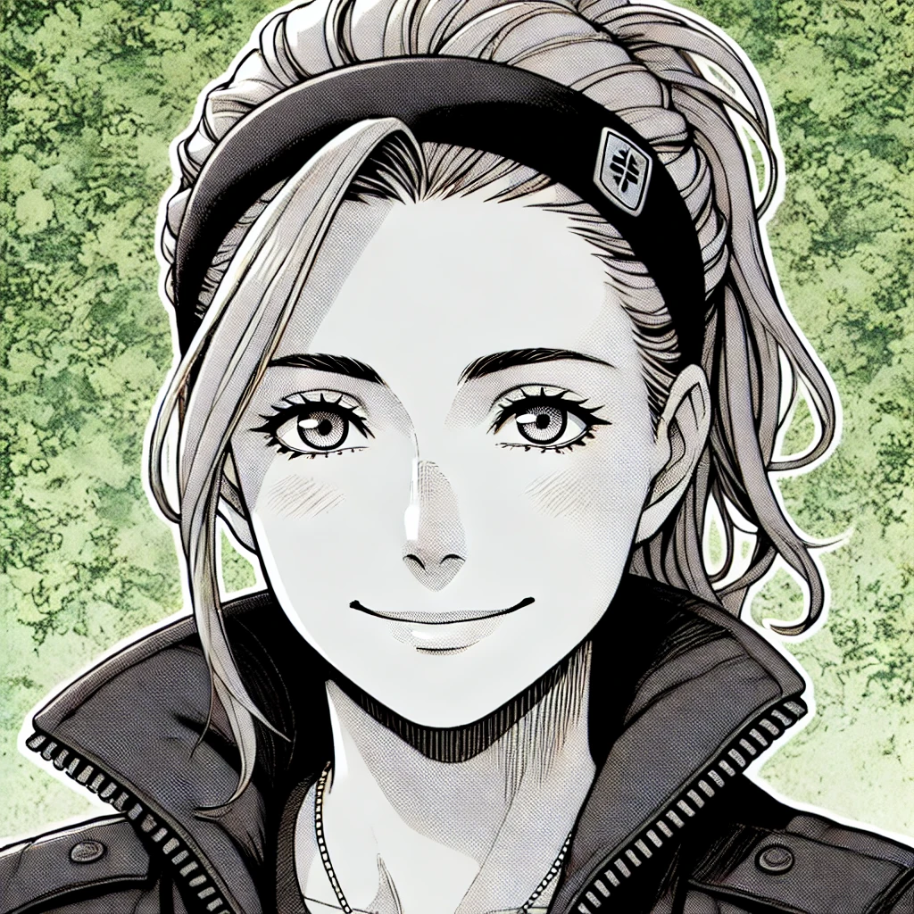 A stylized black and white manga-style illustration of a smiling woman with wavy hair held back by a headband, wearing a jacket, with a background of green foliage.