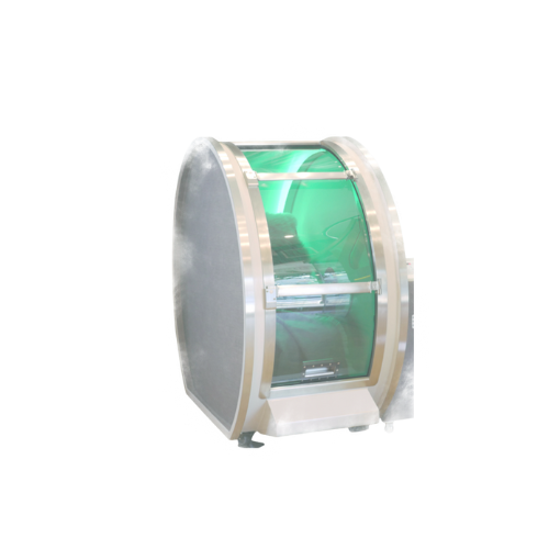 Glass display case with green lighting and curved sides, likely used for showcasing products or objects.