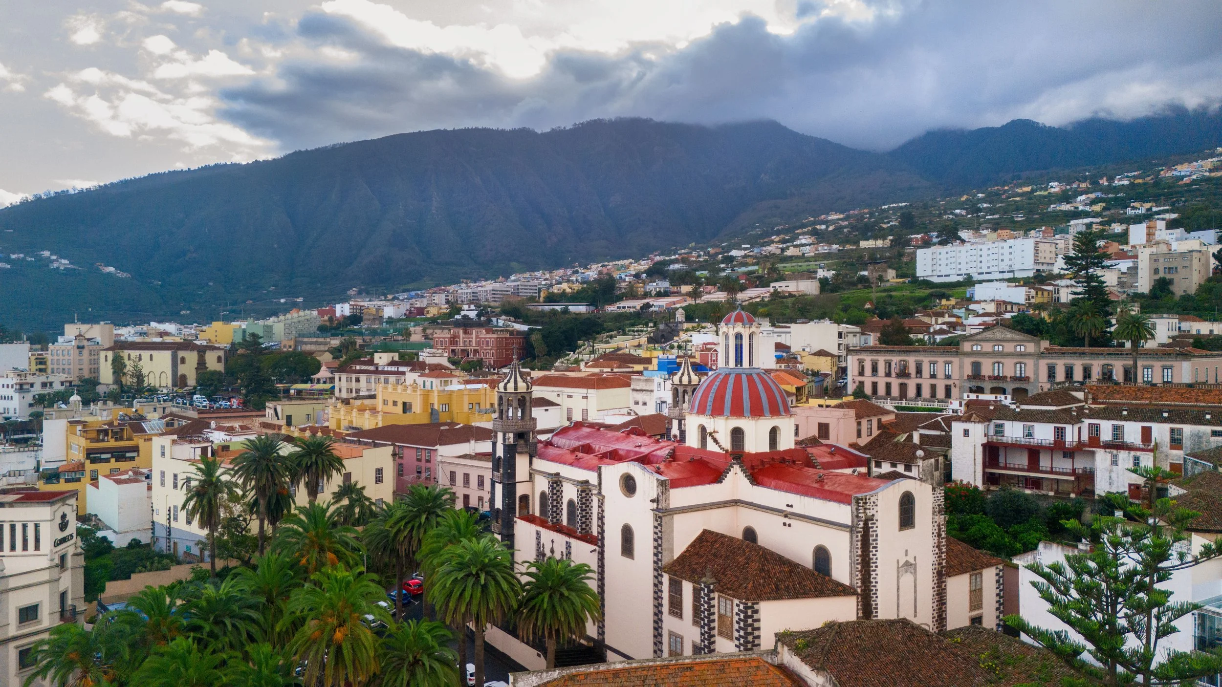 Panoramic view of La Orotava historic town center and church in Tenerife