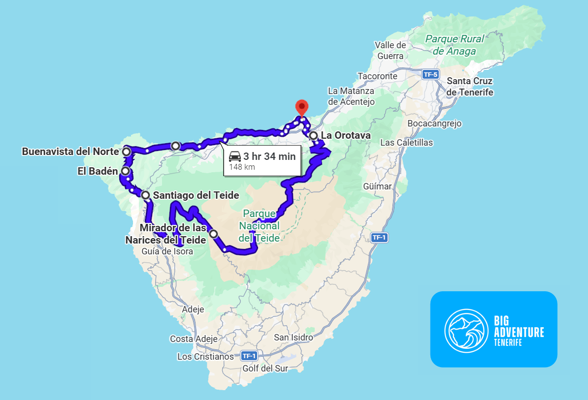 Interactive Google Maps screenshort illustrating a scenic driving and motocycle route around Tenerife with highlighted stops