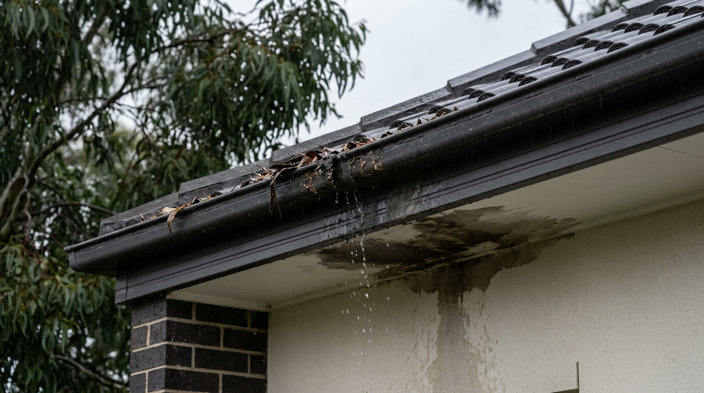 Blocked gutter overflowing at the eaves of an Australian rental property