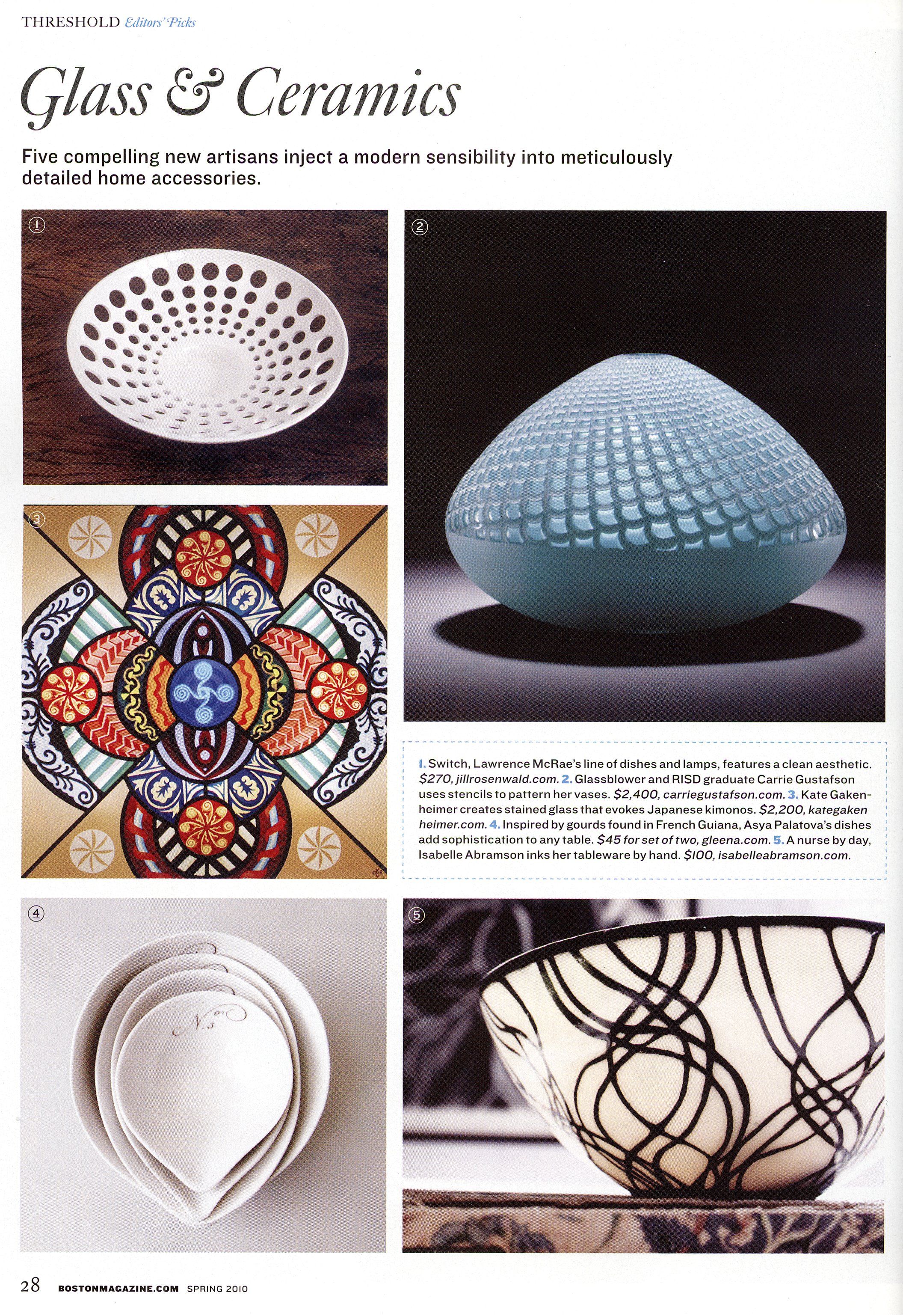 Boston Home magazine article featuring a Carrie Gustafson blue vase