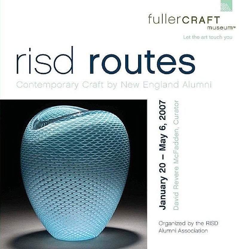 Booklet of RISD Routes exhibition at Fuller Craft Museum featuring a Gustafson glass vessel on the cover