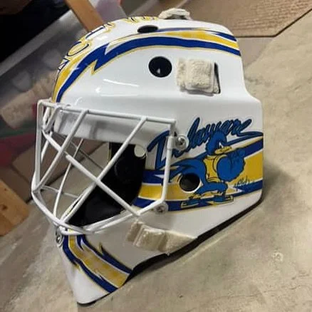 Yellow and blue custom goalie mask decal kit by Shutout Designs - blue jays