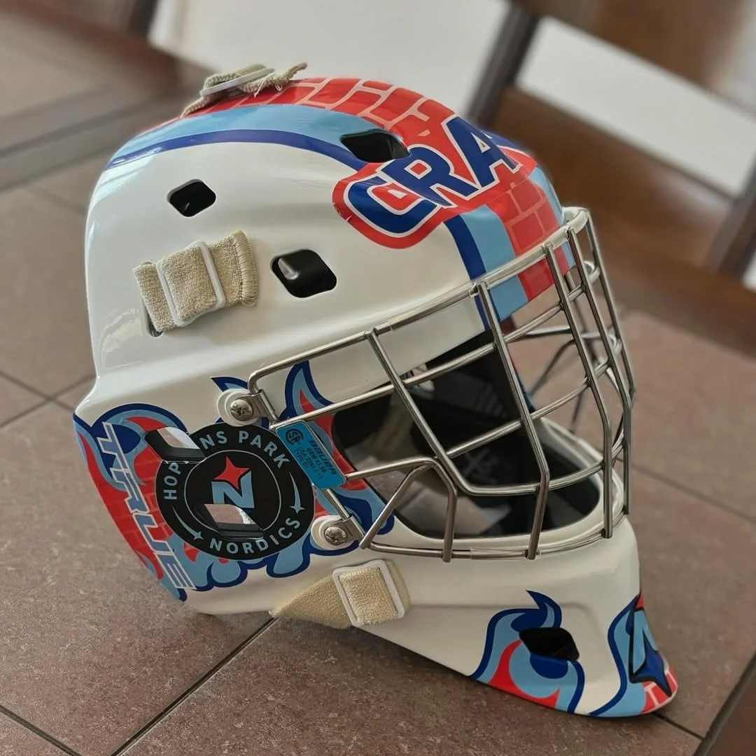 Orange and Blue custom goalie mask decal kit by Shutout Designs - flames and bricks