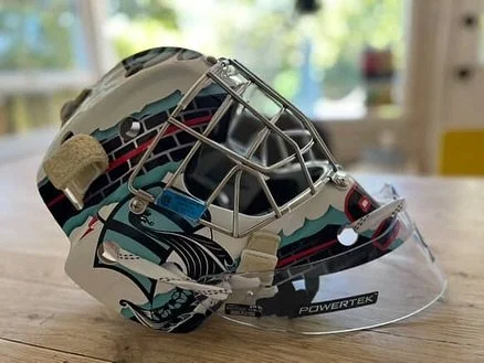 Navy and teal custom goalie mask decal kit by Shutout Designs - bricks and ships