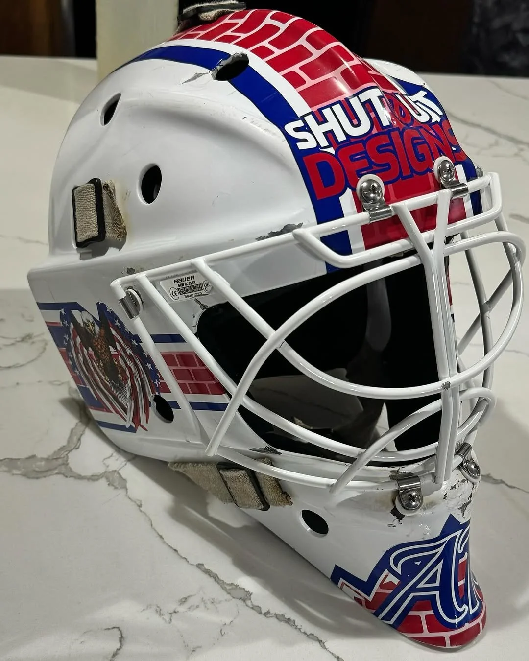 Red and blue custom goalie mask decal kit by Shutout Designs - America, eagles, bricks