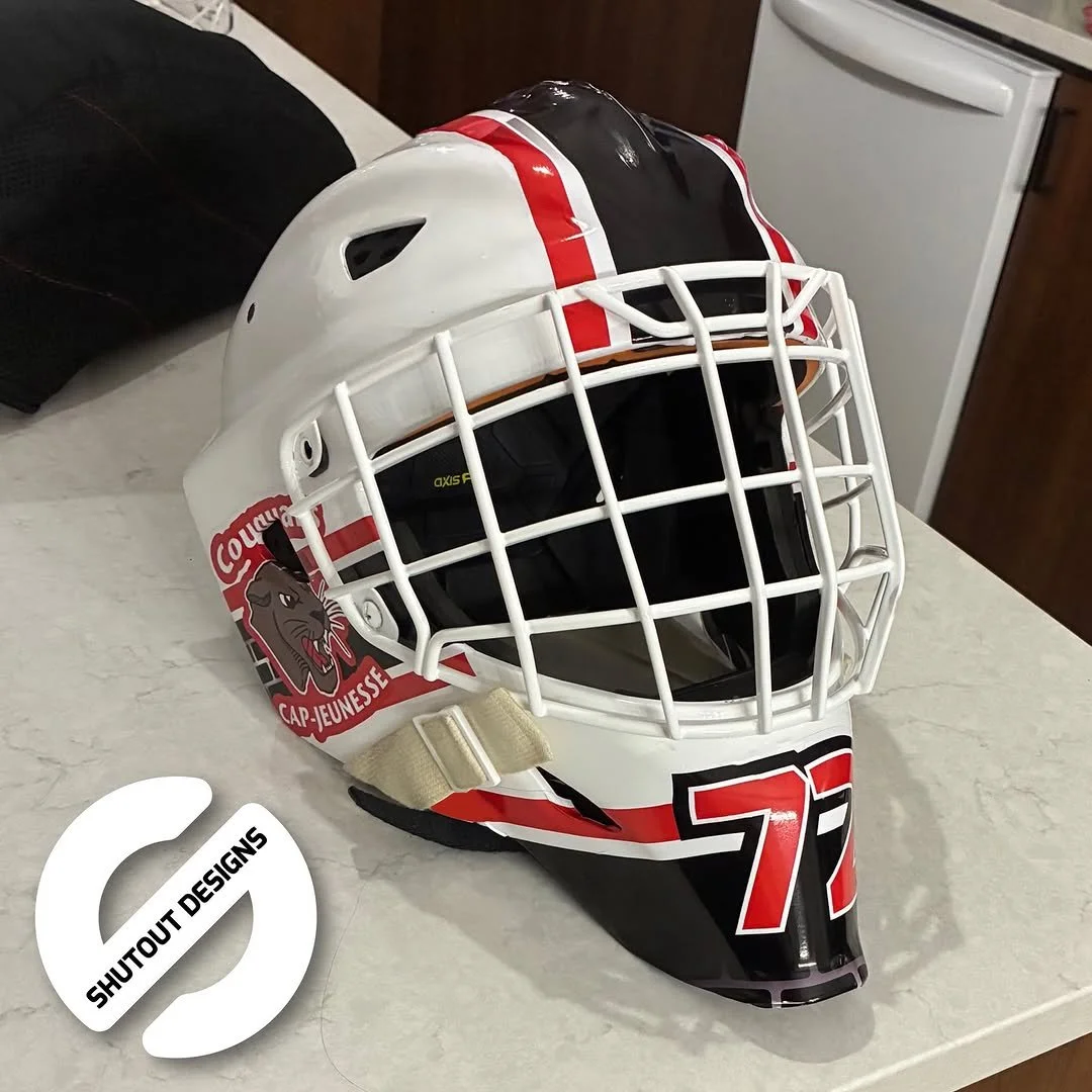 Red and black custom goalie mask decal kit by Shutout Designs - cougars and striping
