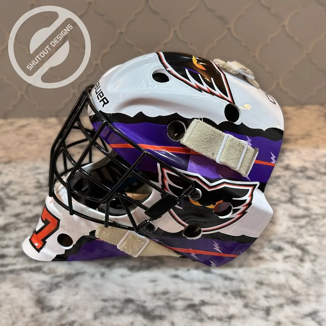 Purple and orange custom goalie mask decal kit by Shutout Designs - phantoms and claw marks