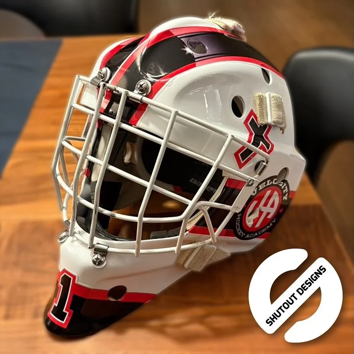Red and Black custom goalie mask decal kit by Shutout Designs - cross and bold
