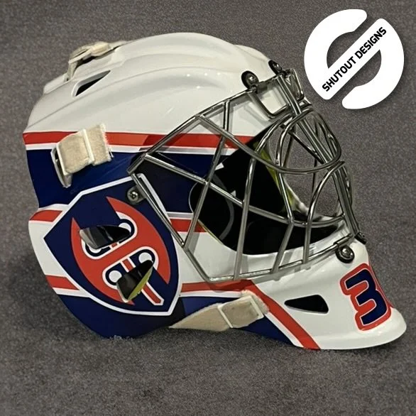 Navy and orange custom goalie mask decal kit by Shutout Designs - shield and bold
