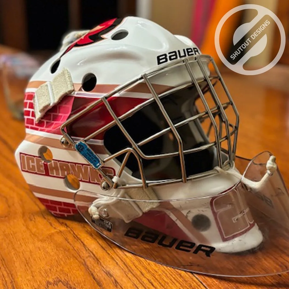 Maroon and gold custom goalie mask decal kit by Shutout Designs - ice hawks and bricks
