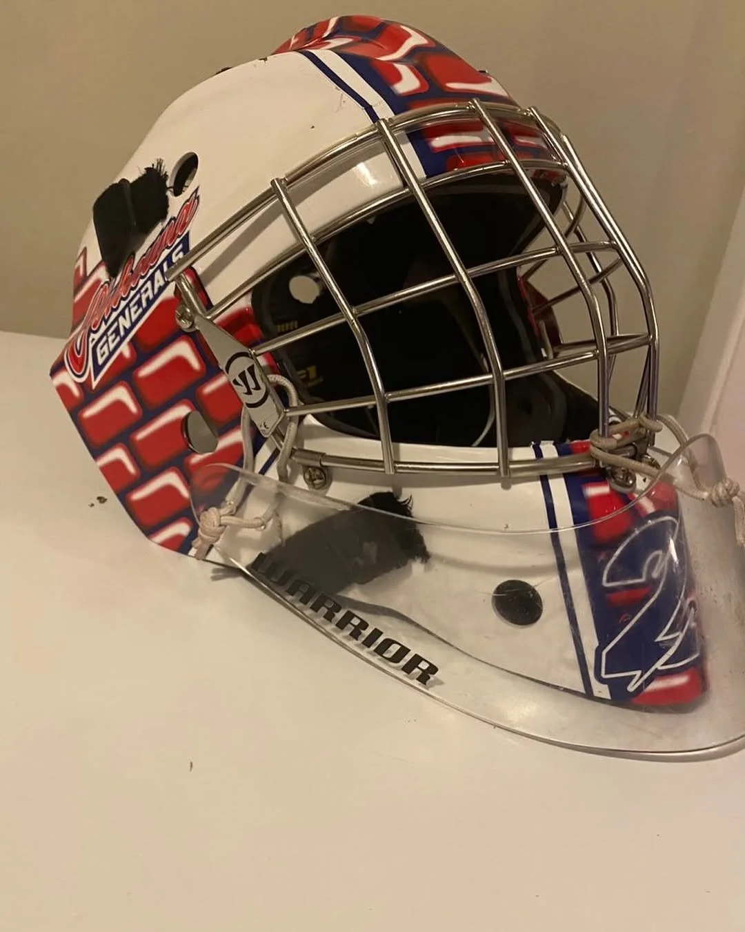 Red and Blue custom goalie mask decal kit by Shutout Designs - bricks