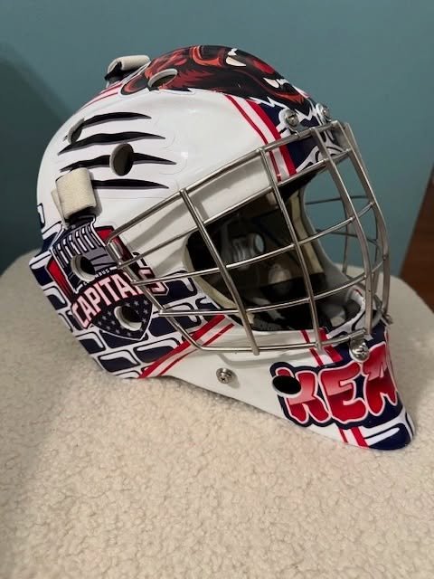 Navy and red custom goalie mask decal kit by Shutout Designs - bricks and Capitals