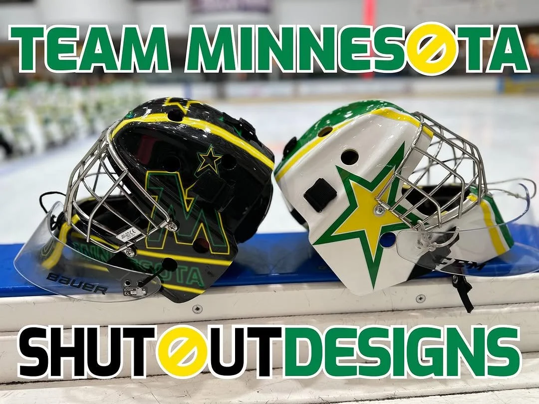 Green and yellow custom goalie mask decal kit by Shutout Designs - stars