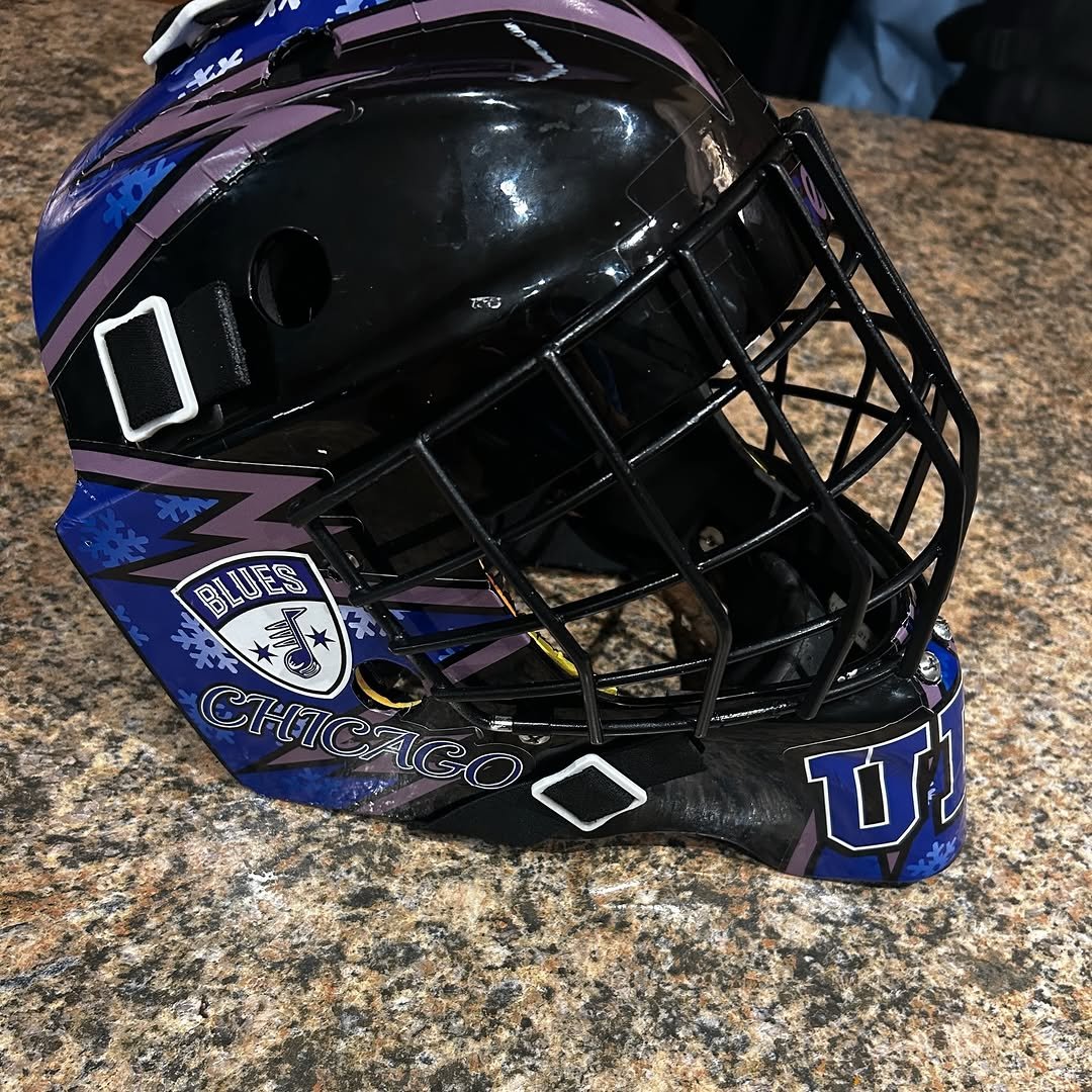 Blue and black custom goalie mask decal kit by Shutout Designs - Chicago Blues