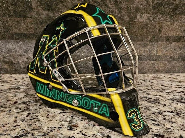 Neon yellow and green custom goalie mask decal kit by Shutout Designs - neon minnesota