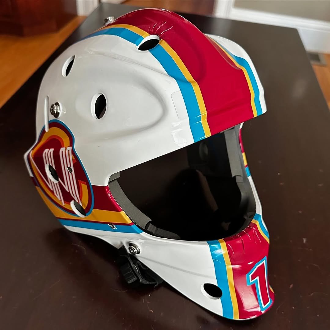 Red and Blue custom goalie mask decal kit by Shutout Designs - vintage and bold