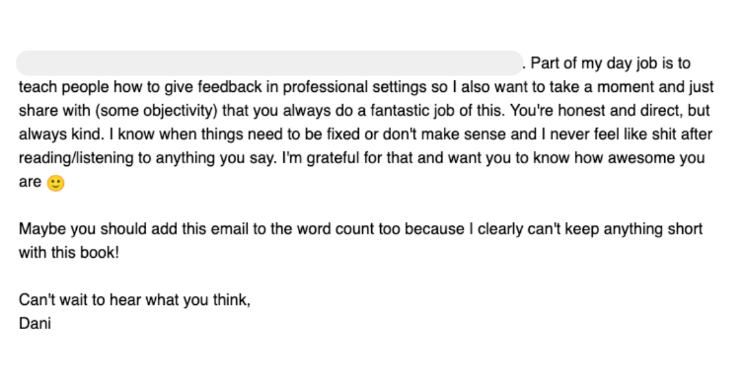 Dani Grimes praise for Ellen Polk's feedback style as a book editor
