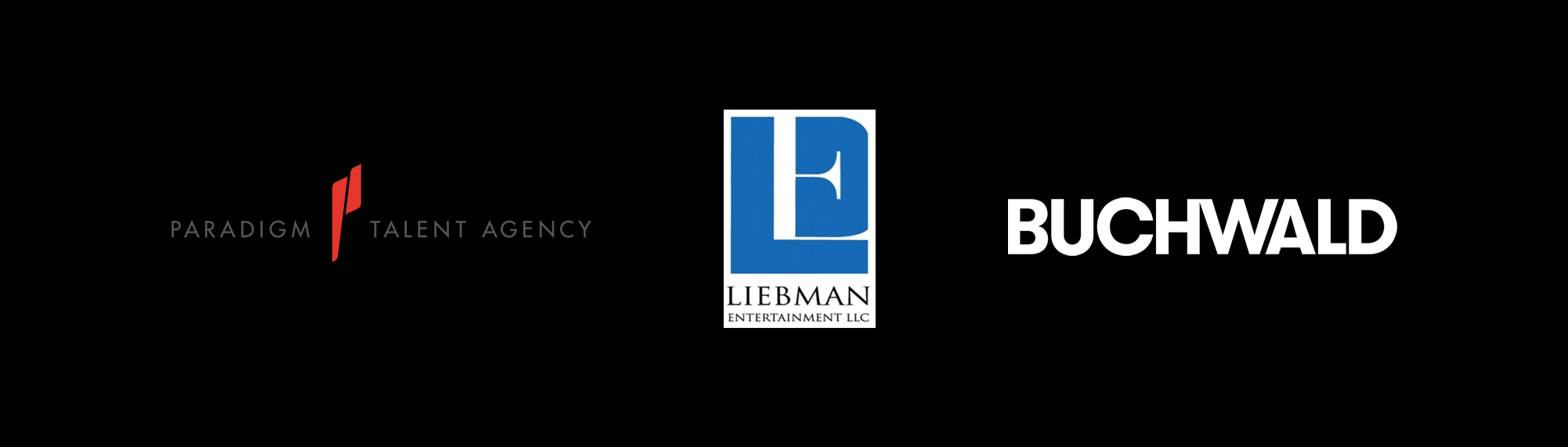 Logos of Paradigm Talent Agency, Liebman Entertainment LLC, and Buchwald on a black background.