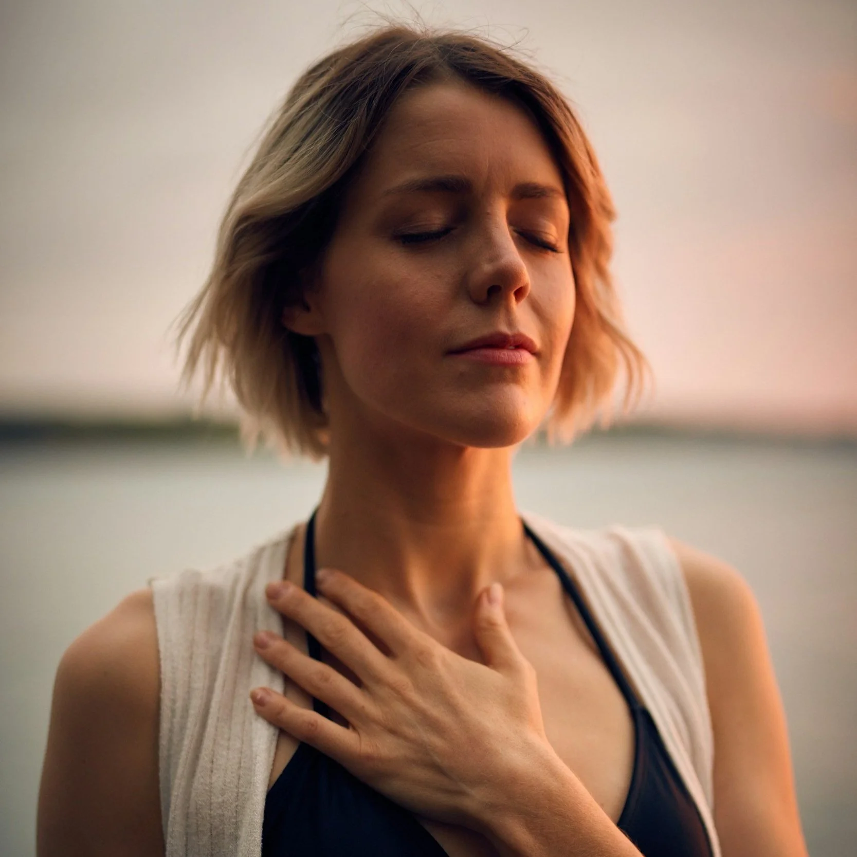 A woman with short blonde hair, eyes closed, touching her chest with her right hand, standing outdoors during sunset.