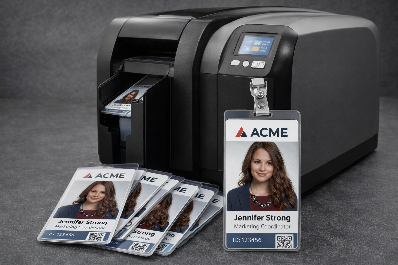ID card printer producing ACME employee badges with multiple printed ID cards displayed in front, including one badge with a retractable clip attachment.