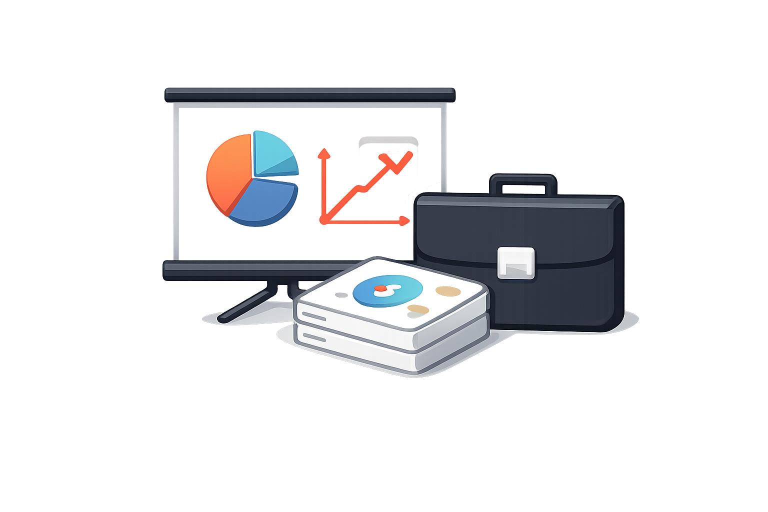 Icon of a presentation screen with charts and growth graph alongside a briefcase and stacked pitch decks, representing investor and pitch deck visuals for business presentations