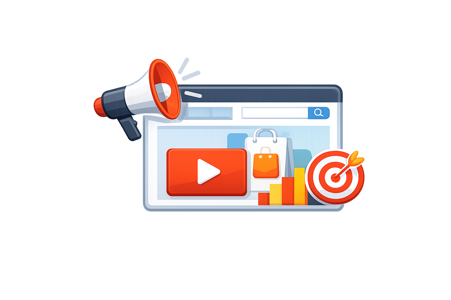 Icon of a web browser window with a megaphone, play button, shopping bag, analytics chart, and target symbol, representing advertising and campaign creative for product marketing