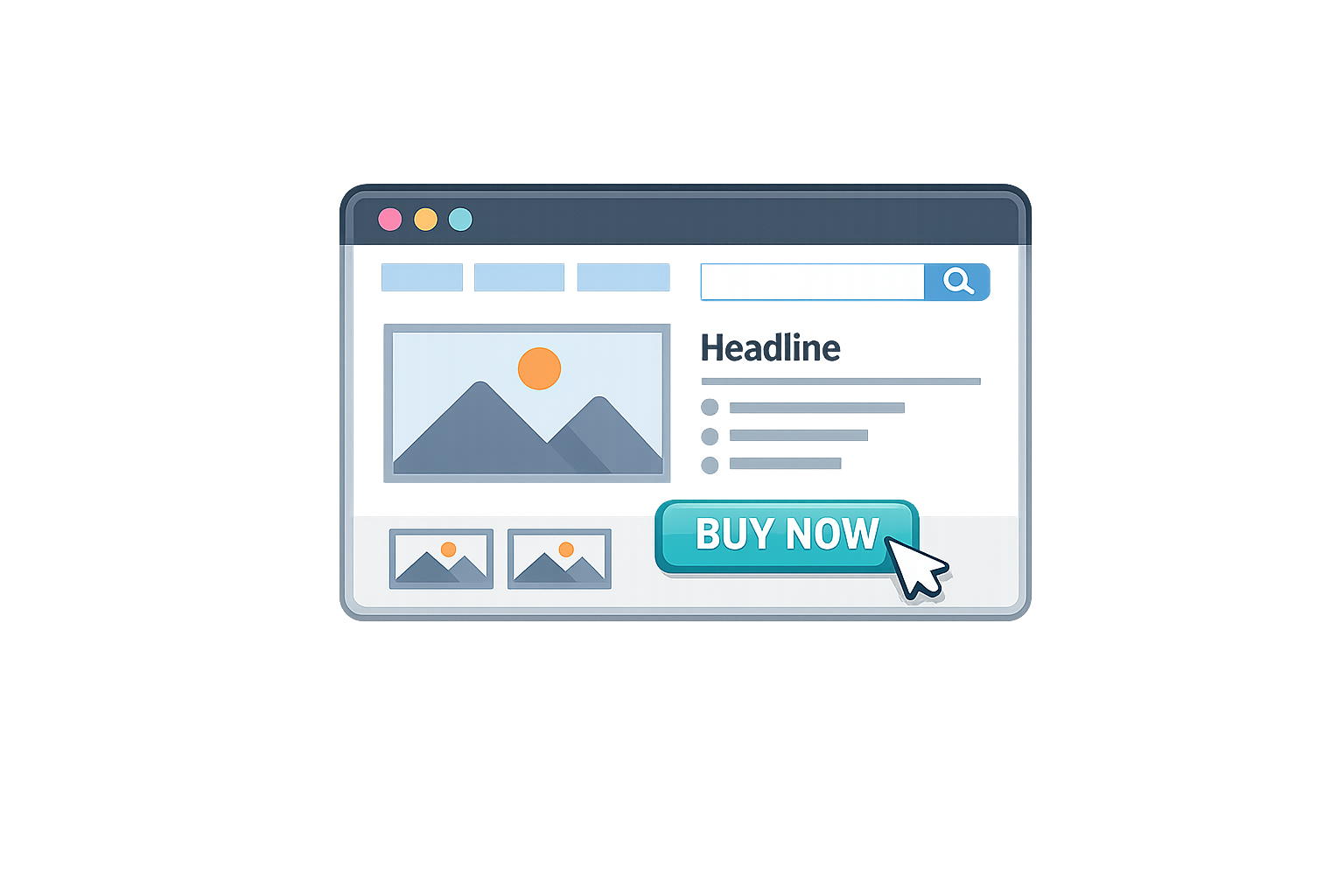 Icon of a web browser window with a prominent buy now button and a cursor clicking it, representing high-converting website and landing page product photography
