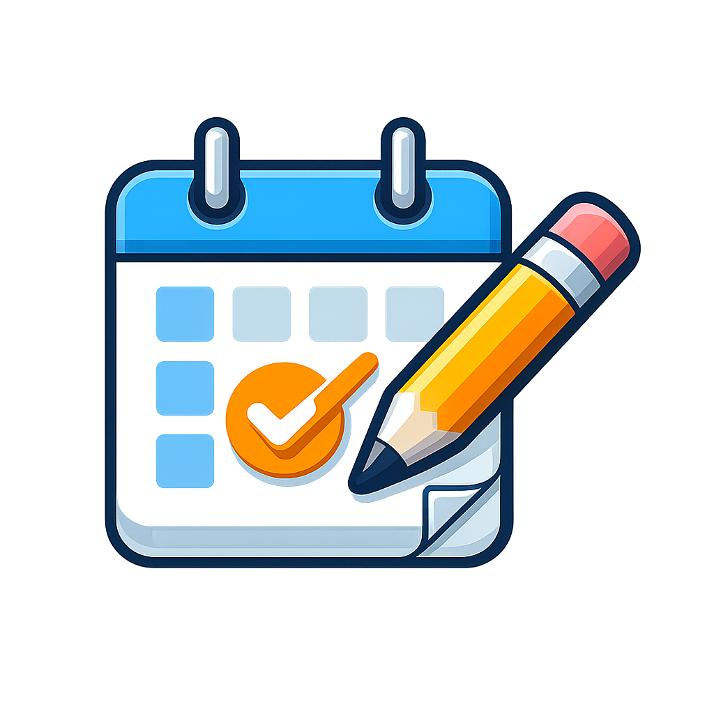 Calendar icon with a checkmark and pencil representing booking a photography session or scheduling a professional headshot appointment