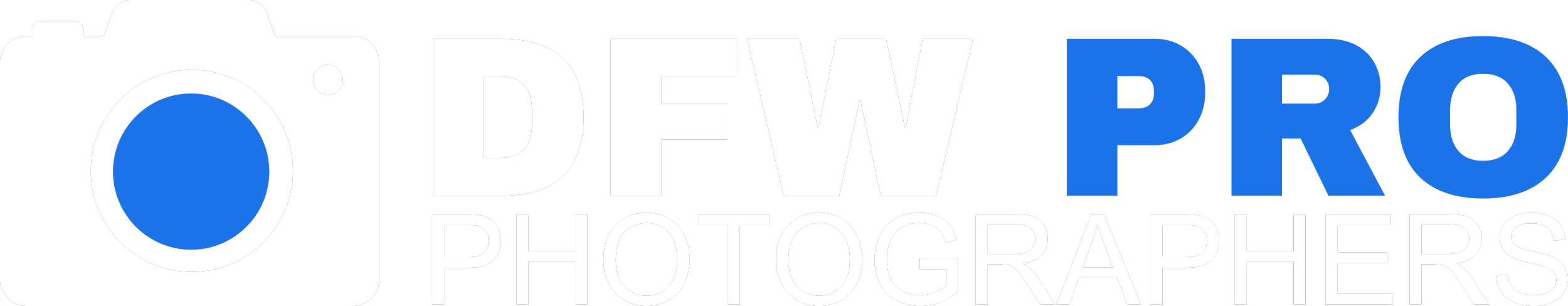 DFW Pro Photographers logo in white and electric blue with camera icon, designed for use on dark backgrounds