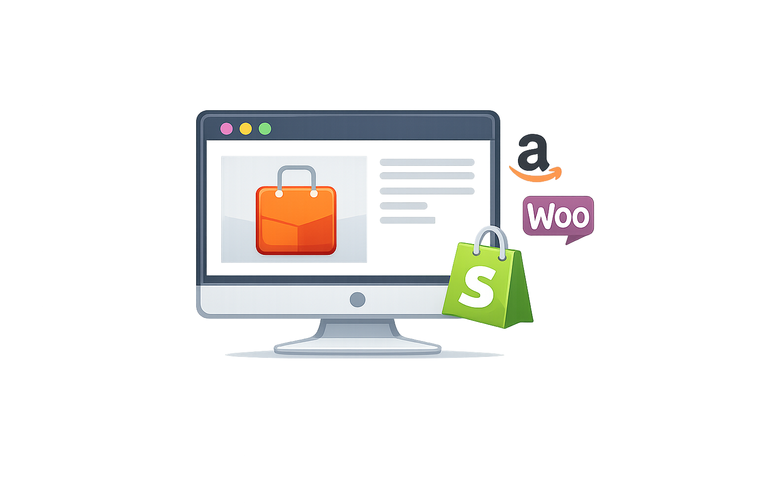Icon of a desktop screen displaying a product image with shopping bag symbols representing online marketplaces, illustrating product photography for eCommerce listings