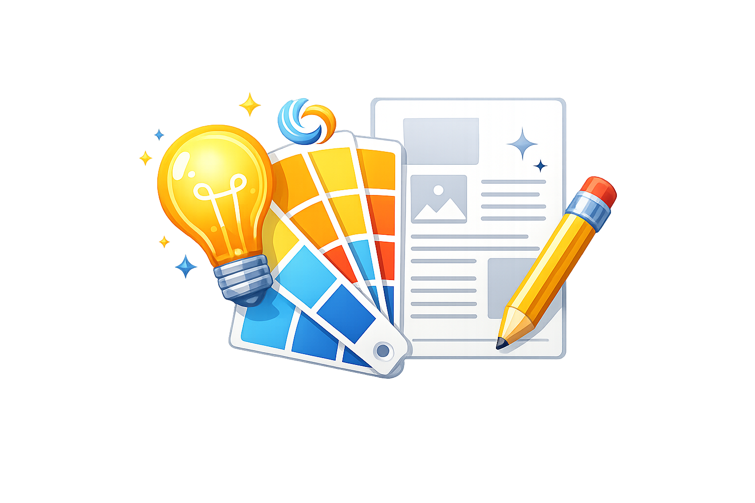 Icon of a lightbulb, color palette, and design layout with a pencil, representing creative direction and styling planning for product photography