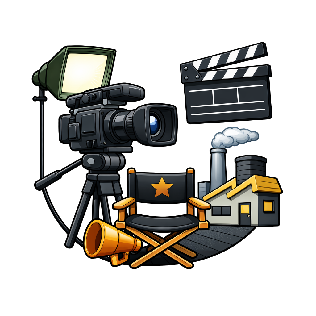 Icon of a professional video camera with studio lighting, clapperboard, director chair, and industrial building, representing studio or on-site production for product photography