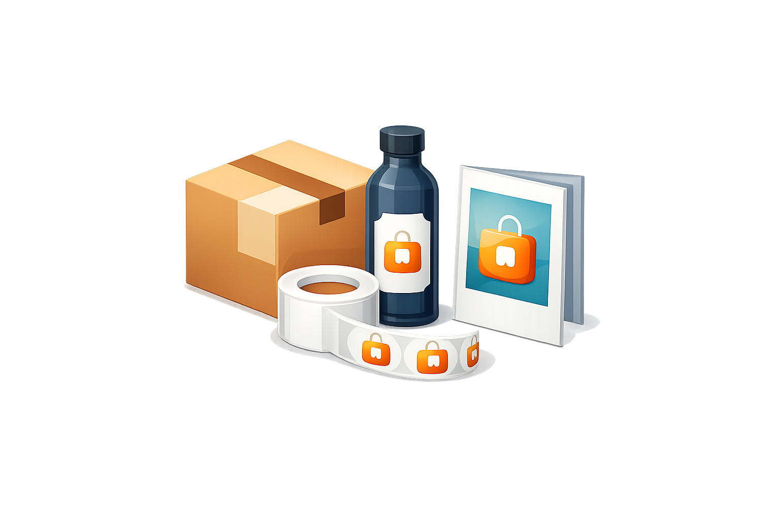 Icon of a cardboard box, product bottle, printed card, and roll of labels, representing product photography for packaging and print materials