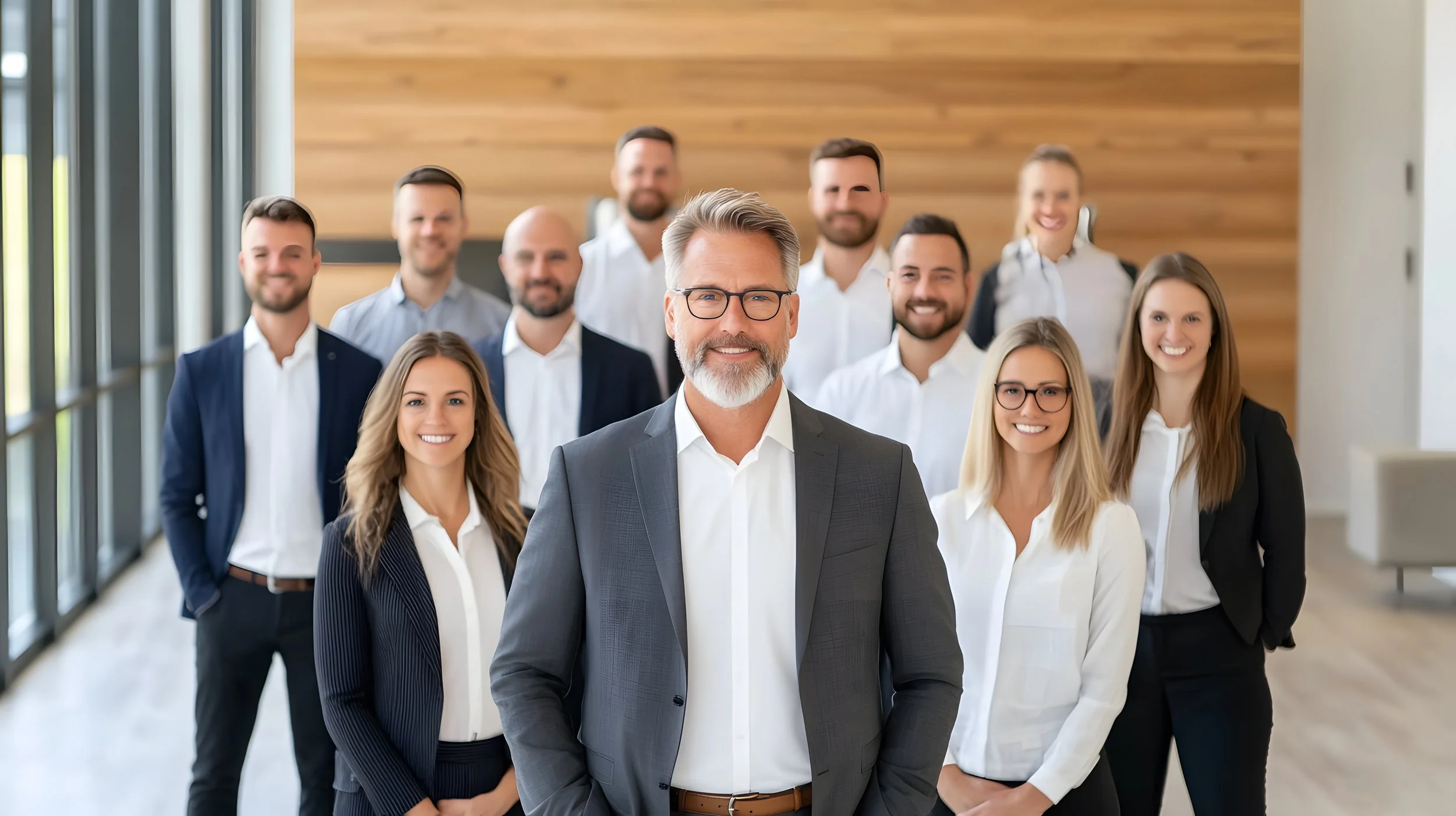 Professional corporate team standing together in a modern office with a confident executive in the foreground, representing unified and consistent business headshots for company teams