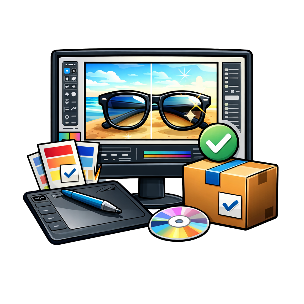 Icon of a photo editing workspace with a stylus tablet, color tools, and a packaged box with a checkmark, representing professional retouching and final image delivery