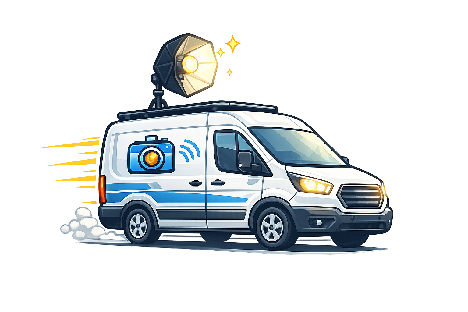 Mobile photography studio van arriving on-site with professional lighting equipment, representing on-location headshot services and convenience