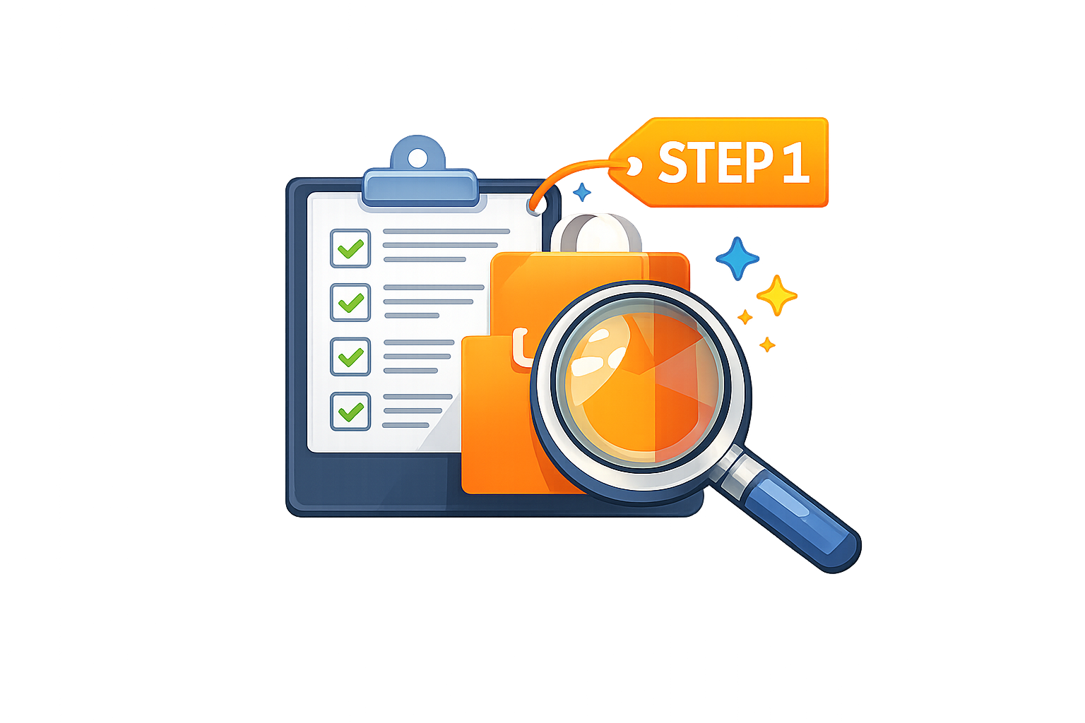 Icon of a clipboard checklist with a magnifying glass inspecting a product, representing discovery and product assessment in the product photography process