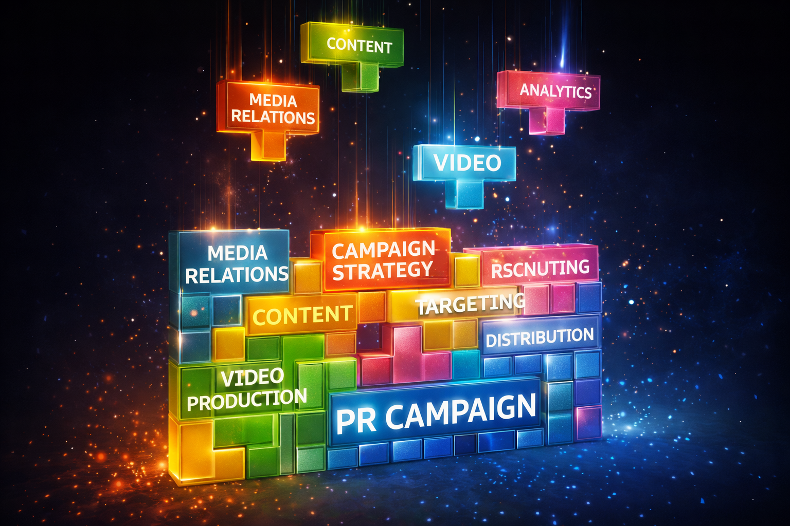 The building blocks of a PR campaign falling from the sky and fitting together nicely like Tetris pieces.