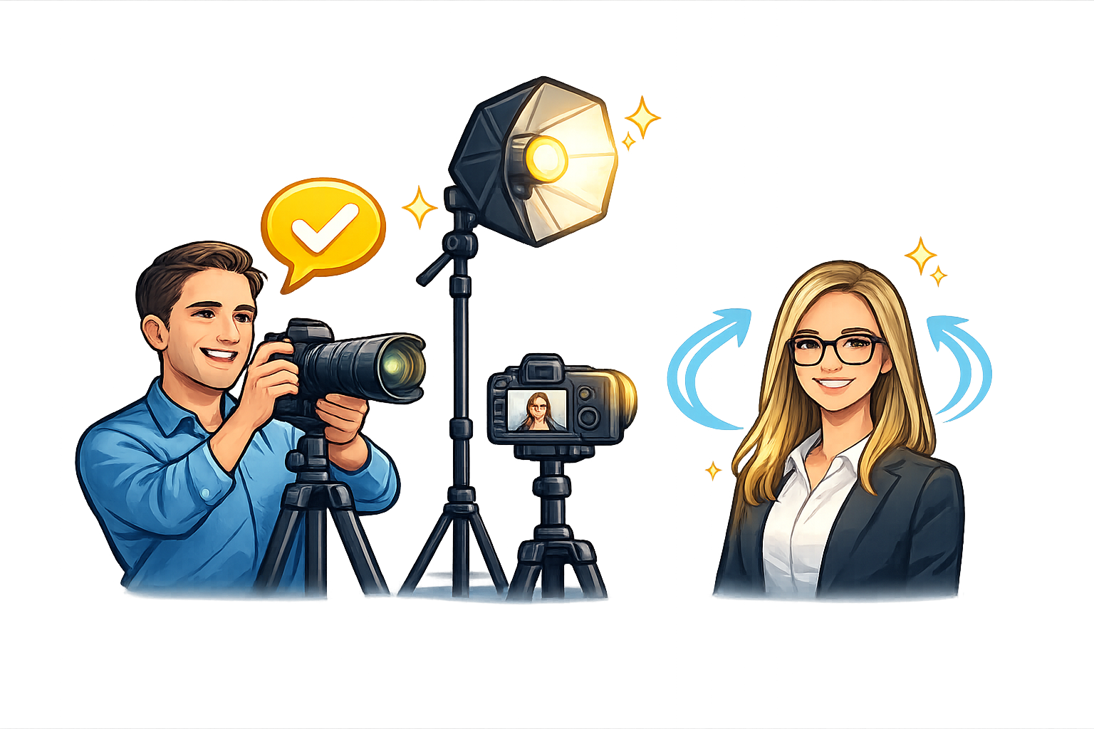 Photographer guiding a professional during a headshot session with studio lighting and camera setup, representing a guided and comfortable photoshoot experience